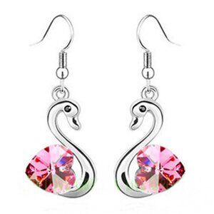Sterling Silver Pink Crystal Swan Shaped Dangle Earrings